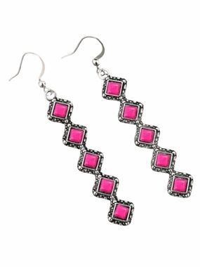 Bohemian Long Bar & Square Pink Turquoise and Silver Geometric Drop Earrings